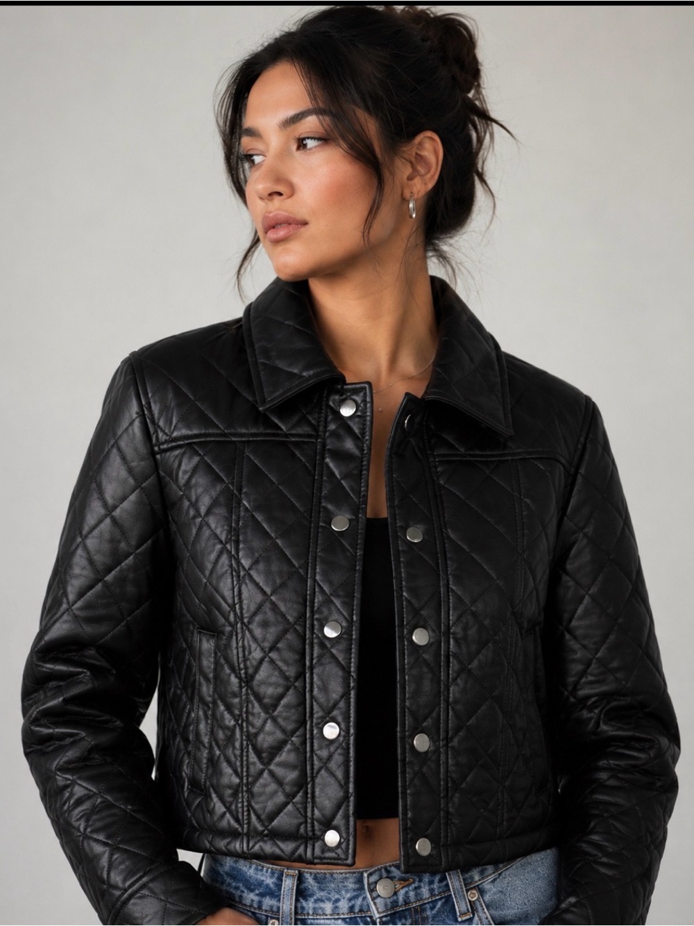 Real Leather Black Quilted Cropped Jacket Size Small